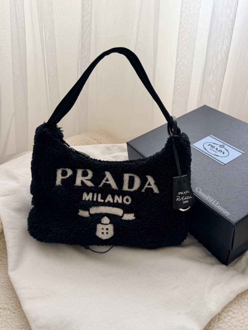 Auth Prada Re-Edition 2000 Black Terry Cloth Bag - Excellent Condition